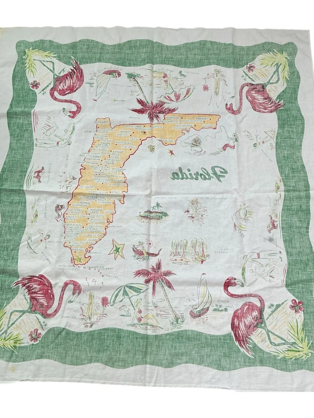 Vintage 1950s/60s Florida Souvenir Map Novelty Print MCM Cotton Tablecloth USA